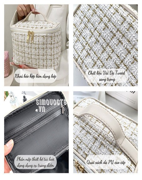Túi đựng mỹ phẩm hình hộp chất liệu vải dạ Tweed sang trọng