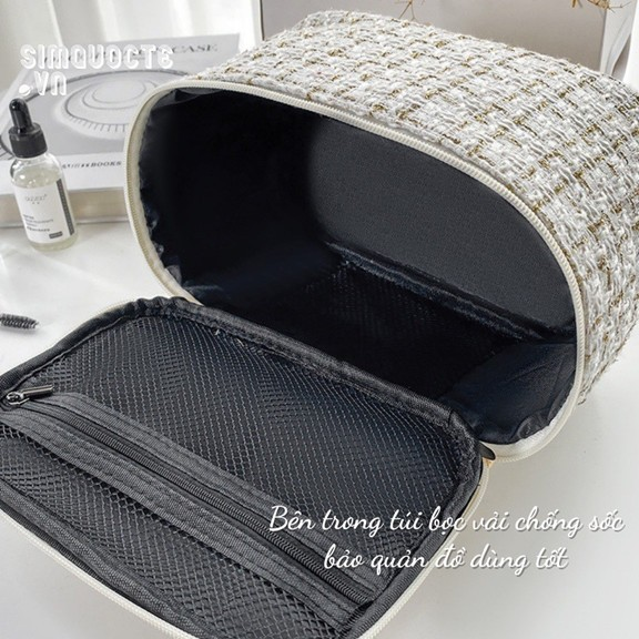 Túi đựng mỹ phẩm hình hộp chất liệu vải dạ Tweed sang trọng