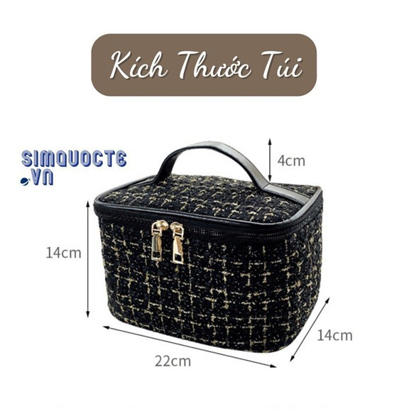 Túi đựng mỹ phẩm hình hộp chất liệu vải dạ Tweed sang trọng